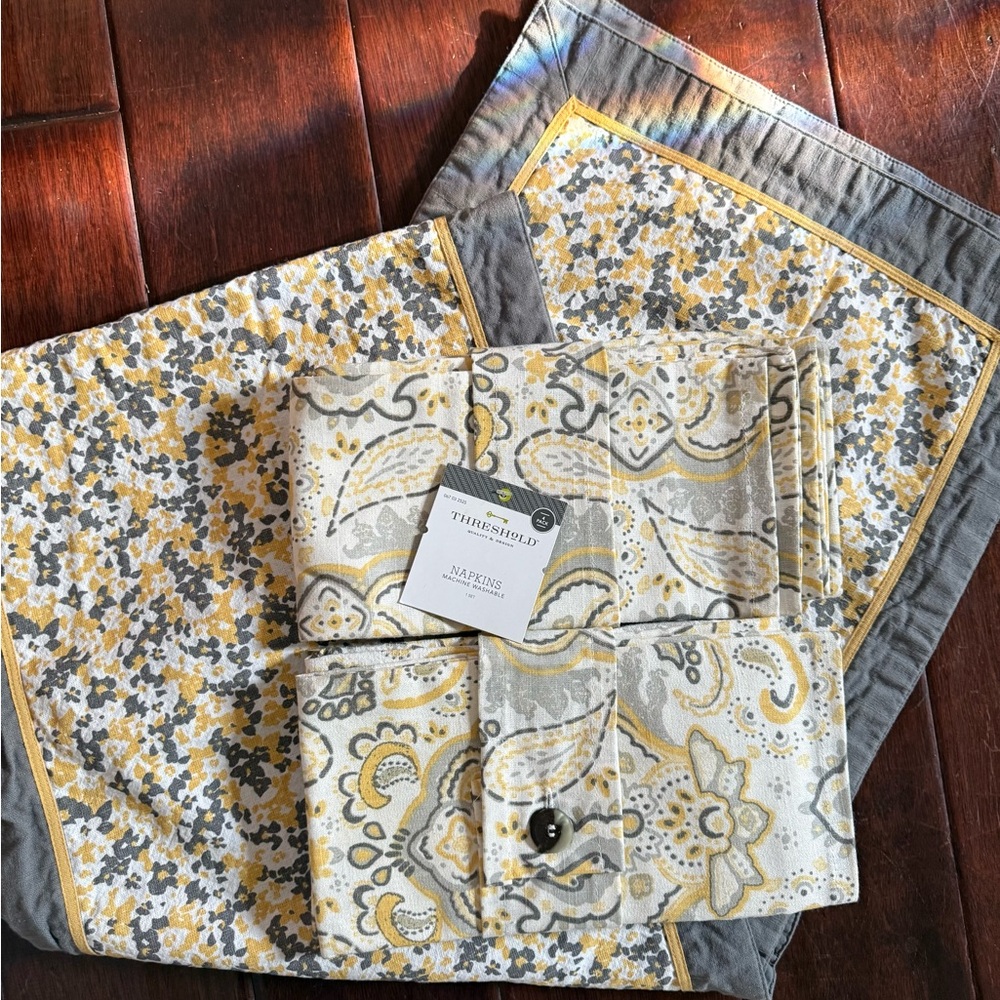 Threshold Yellow and Gray Paisley Napkins and Floral Table Runner